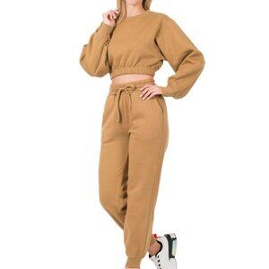 Women's Zenana 3 Piece Cropped Sweatsuit Pullover Jogger & Bodysuit Set Brown